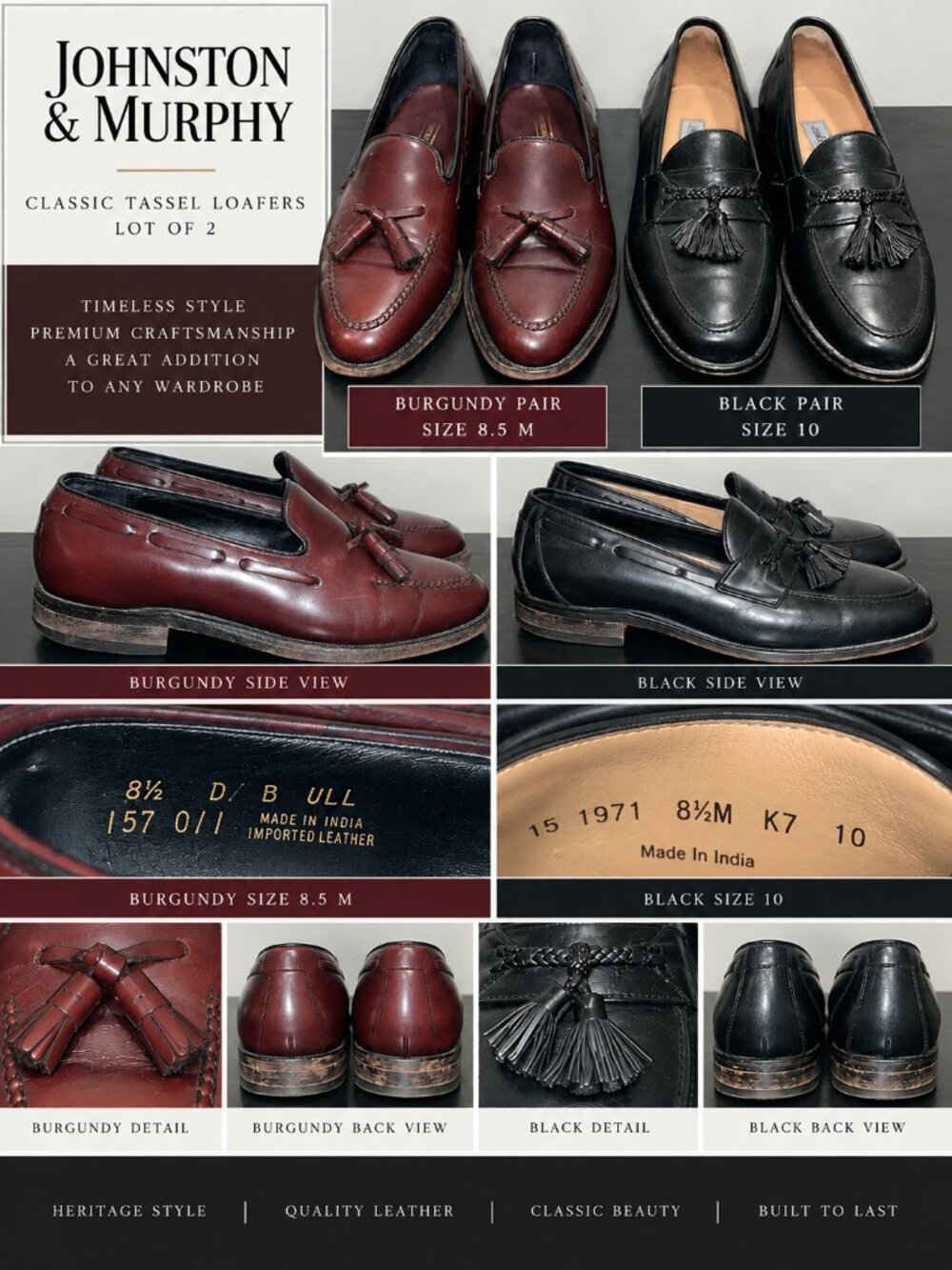 Johnston & Murphy Men’s 8.5M Tassel Loafers Lot of 2 Burgundy Black Leather